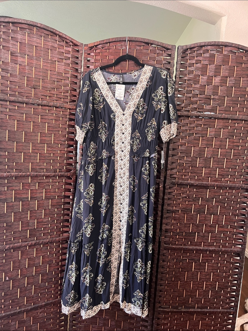 Boho Navy Floral Border V-Neck Maxi Dress